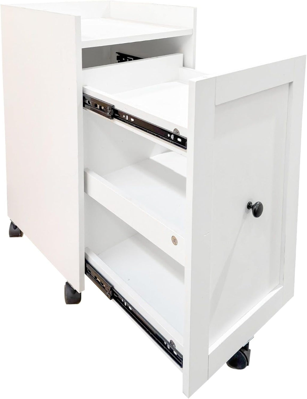 Sliding Pantry Organizer Cabinet with Wheels, 3 Tier Pull Out Snack Storage Rack for Kitchen, Bathroom, Laundry Room, White Mobile Food Organizer with Door & Shelves