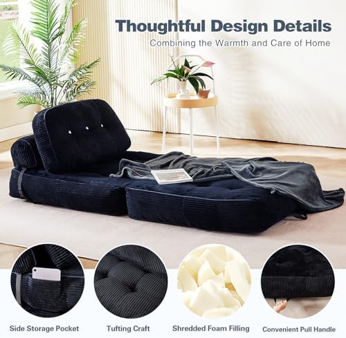 Folding Futon Sleeper Sofa Bed Chair, No Assembly, Black 3 | Dual-layer flannel corduroy| Anti-collapse foam| Pillow and blanket included| Side pockets| Ergonomic for lounging