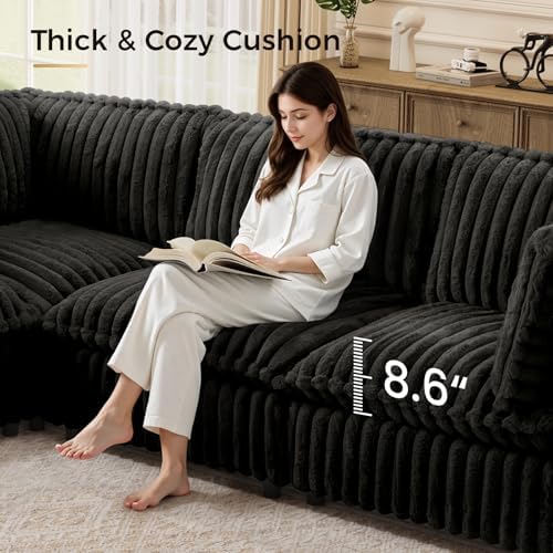 KKL Sectional Modular Couch for Living Room, L Shaped Corduroy Couches with 1 Ottomans, 4 Seater Oversized Sofa, Soft Fabric Modern Sofa, Black