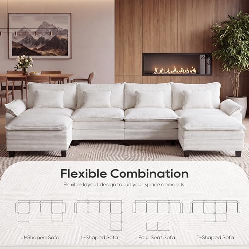 URRED Oversized Modular Sectional Sofa，Solid Beige：157" U Shaped | Modern Comfy Cloud Couch with Movable Ottoman and Pillow, Deep Seat Couches for Living Room, Bedroom or Apartment