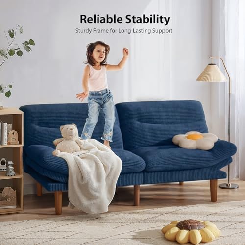 Pipishell Futon Sofa Bed, Modern 66" Futon Couch Convertible to Bed & Lounger, Compact Size, Corduroy Loveseat, Durable Construction - Fits Small Spaces, Apartments,Study Room (Blue, 66 Inch)