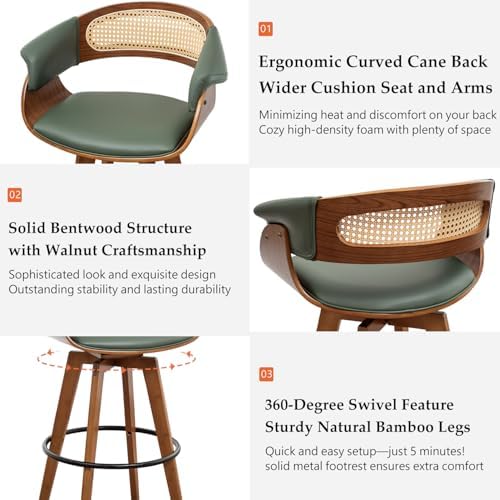 Rattan Swivel Counter Stools, Mid Century Modern Counter Stools with Back | Natural Bentwood Frame, Walnut Crafts, Curved Arms, Faux Leather Upholstered Seat, Swivel Counter Stools for Island, Kitchen