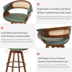 Rattan Swivel Counter Stools, Mid Century Modern Counter Stools with Back | Natural Bentwood Frame, Walnut Crafts, Curved Arms, Faux Leather Upholstered Seat, Swivel Counter Stools for Island, Kitchen