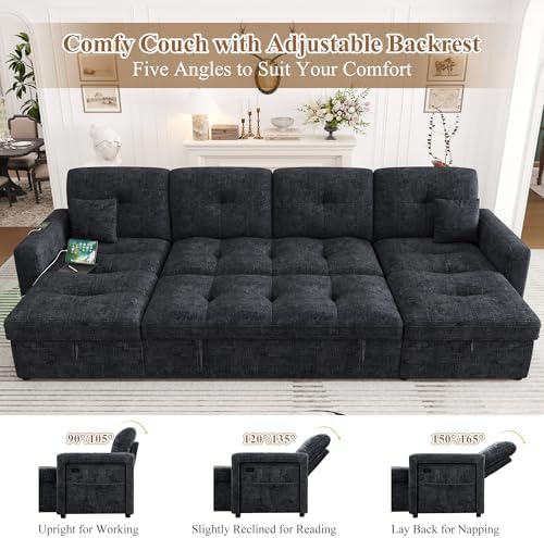 107'' LED U-Shaped Sectional Couch for Living Room, Sleeper Sofa Bed, Black | Comfy Chenille Cloud Couch, Pull Out Bed, Storage Chaise, 5-level Adjustable Backrest, USB Charging, 2 Pillow,1100LB Capacity