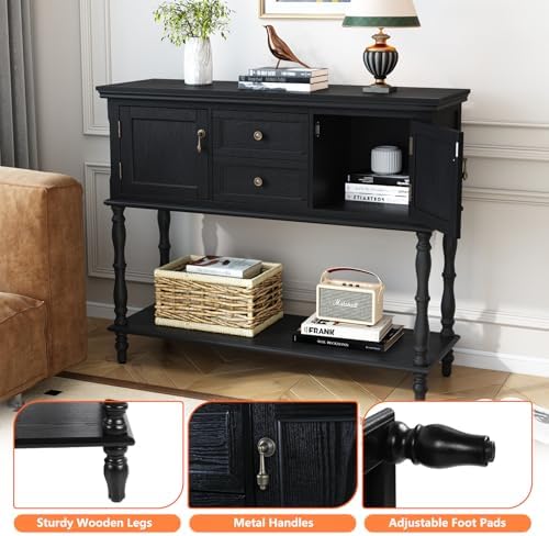 ARTPOWER Console Table with 2 Drawers, Retro Entryway Table with 2 Door | Solid Wood Veneer Entry Table, Behind Couch Sofa Table with Open Storage Shelf for Living Room, Foyer, Hallway