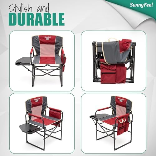 SUNNYFEEL Oversized Camping Chair Portable Directors Chairs with Side Table | Heavy Duty Folding Lawn Chair for Adults 300LBS with Compact Size, Breathable Mesh, Pocket & Carry Bag for Outdoor, Lawn, RV