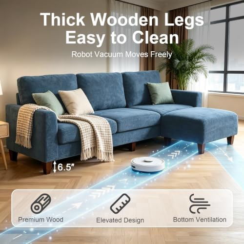 L Shaped Sectional Couch for Living Room, Modular Small Sofa with Ottoman | 96 Inch, 3 Deep Seats, Blue, Chenille, Easy Tool-Free Assembly, Modern Compact Sofa Set for Apartment, Office, Small Space