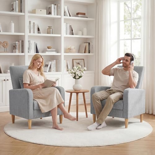 COLAMY Mid-Century Modern Upholstered Accent Chair with Back Pillow & Solid Wood Legs, Fabric Cozy Armchair for Living Room, Bedroom, Reading Nook, Apartment & Small Spaces, Lightgrey