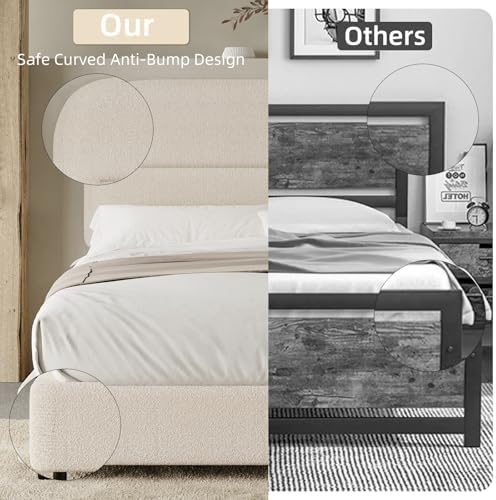 HOMBCK Full Size Cloud Bed Frame, Plush Boucle Upholstered Platform Bed, Adjustable Padded Headboard, Rounded Corners, Low‑Profile Design, No Box Spring Needed, Cream