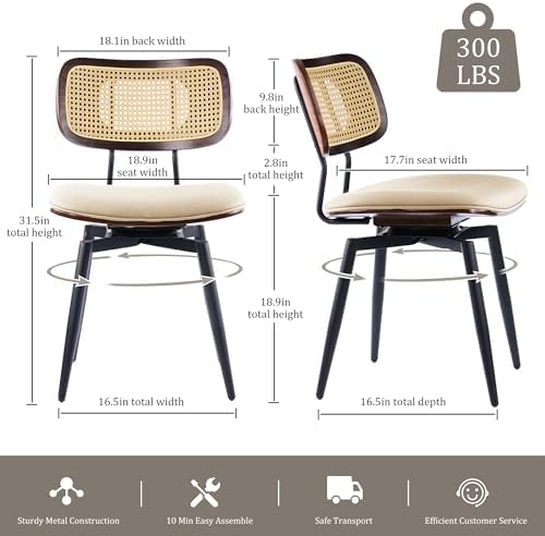 Swivel Dining Chairs with Rattan Back, Rattan Leather Dining Chairs with Swivel Metal Legs, Mid-Century Modern Synthetic Leather Upholstered Kitchen Chair, Set of 2, Beige