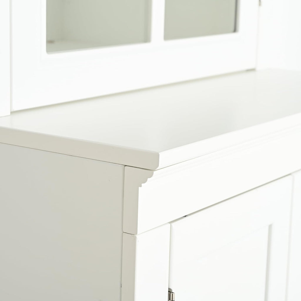 Havemies 75" Freestanding Pantry Cabinet with Glass Lattice Door, Large Farmhouse Kitchen Storage with Double-Action Hinges for Dry Food & Supplies, White