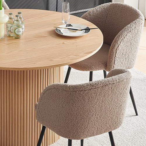 NORDICANA 5-Piece Wooden Round Dining Room Table and Chair Set, 47-Inch Kitchen Table with Barrel Chairs for 4, Brown Upholstered Sherpa Dining Set, MDF Core with Oak Finish