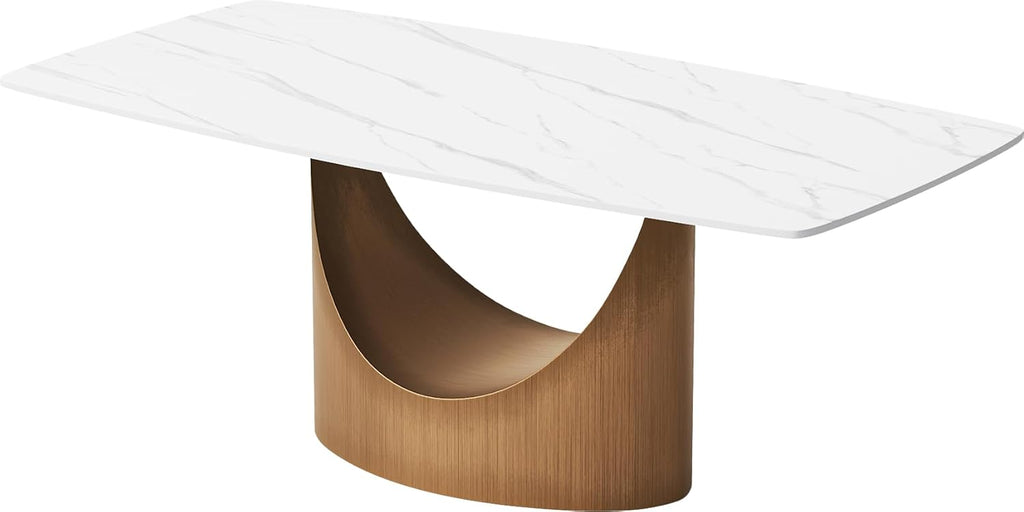 POVISON 71" Modern Dining Table for 6-8, Matte White Sintered Stone Top | Bronze Carbon Steel Pedestal Base, Hobart Minimalist Rectangular Table for Dining Room, Kitchen, Home（Table Only）