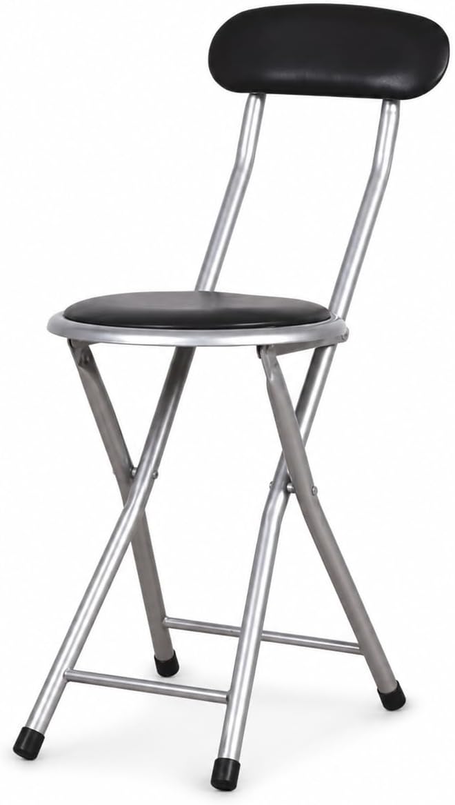 J&V TEXTILES Cushioned Padded Folding Stool with Back | Space-Saving Design, Folds Flat, Padded Backrest, Round Padded Seat, 2.8" Folded Thickness