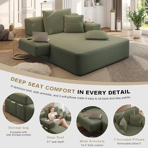 60.2" Oversized Chaise Lounge Chair, Corduroy Cloud Couch, Deep Seat Convertible Sofa Bed with 3 Pillows, Wide Armrests, Side Pocket, No Assembly (Green)