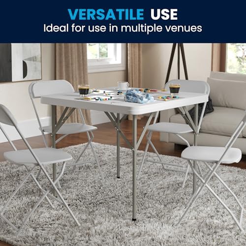 Flash Furniture Elon Square Plastic Folding Table, Portable Dining Card Table for 4 People, Indoor-Outdoor Use, 34.25", Granite White | Lightweight, Easy Storage, Commercial Grade