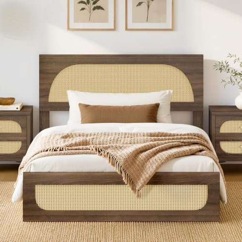 KISLOT Boho Rattan Bed Frame, Farmhouse Platform Bed Frame with Headboard and Footboard, Bedroom Furniture Solid Wood Support Mattress Foundation with Silent Slat Support No Box Spring Needed