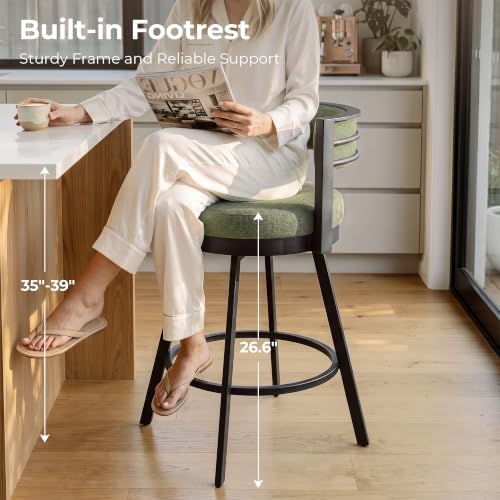 Flouki Swivel Counter Height Bar Stools Set of 2, Upholstered 26.6" Modern Counter Stools with Arms, Linen Barstools with Back and Metal Base for Kitchen Island, Dining Room, Green Linen Fabric