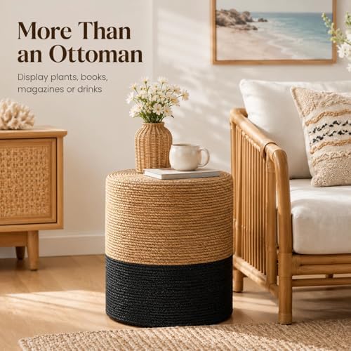 Wimarsbon Natural Seagrass Foot Stool, Hand Weaving Round Ottoman, for Living Room, Outdoor Seat (Natural & Black)