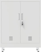 JINGUR Metal Storage Cabinet with Locking Doors and 2 Adjustable Shelves, Lockable Storage Cabinet for Home Office Garage Pantry Living Room (White)