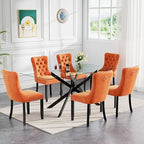 60" Black Glass Dining Room Table Set for 6, 7-Piece Modern Rectangular Kitchen Dining Table Set with Cross Chrome Metal Legs & 6 Orange Velvet Upholstered Chairs, Kitchen Table and Chairs Set