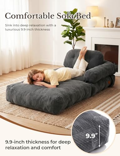 Folding Sofa Bed, L-Shaped Couch Back Support and Arm Pillow Futon | Convertible Sofa Bed for Living Room/Guest Use/Home Office, Foldable Couch for Adults, Dark Gray