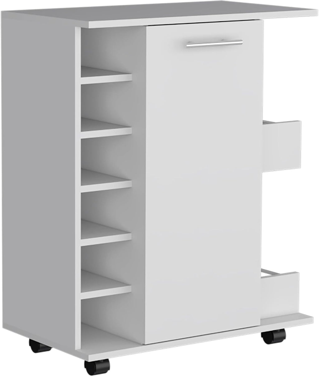 Kitchen Island Wynne with Storage and Cabinet, White/Macadamia Finish | Includes push-to-open cabinet door and open shelves for organized storage