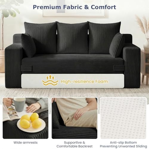 3 Seater Couch for Living Room, Convertible Futon Sofa Bed Comfy Pull Out Couch with 5 Pillows & Detachable Washable Cover, Upholstered Floor Sofa in A Box, No Assembly Required, Black