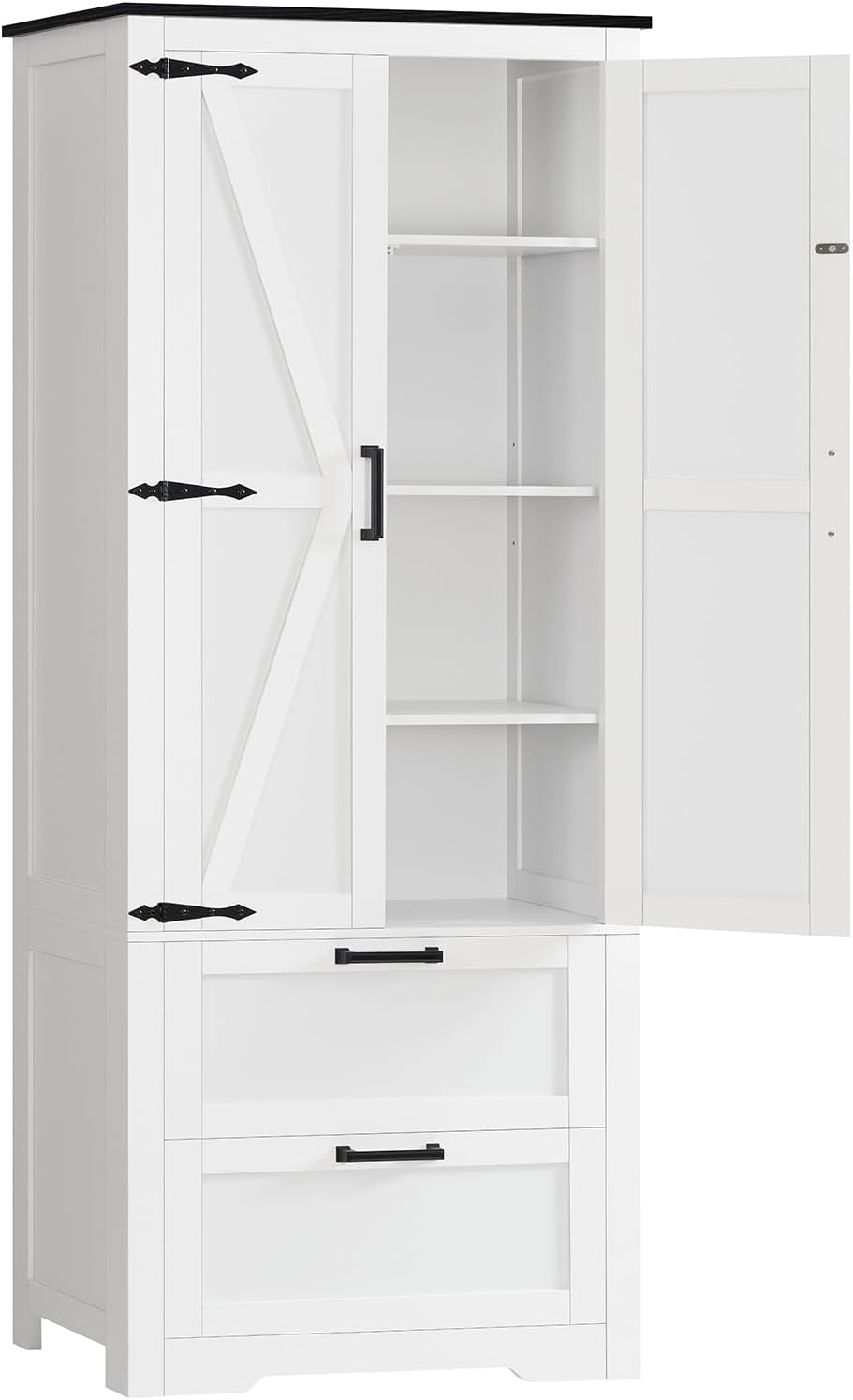 TEENFON 66.1" H Storage Cabinet with 2 Drawers, Farmhouse Kitchen Pantry Cabinet with 2 Doors & Adjustable Shelf, Bathroom Cabinet, for Living Room, Kitchen, Bathroom, White