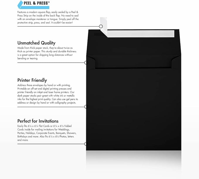 LUXPaper Square Invitation Envelopes | Peel & Press | 6 1/2" x 6 1/2" | Midnight Black | 80lb. Text | 50 Qty