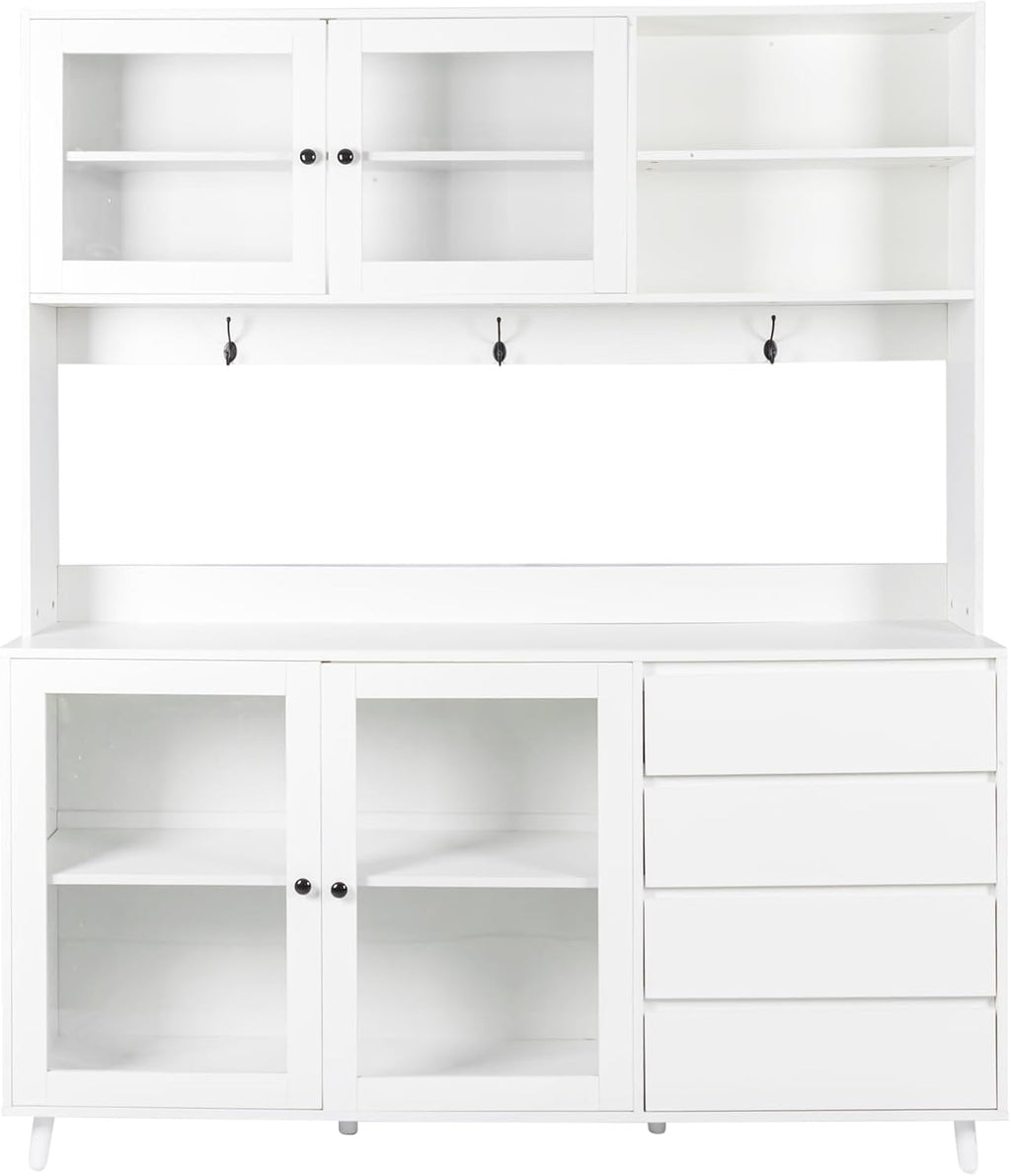 Large Freestanding Hutch Cabinet, Tall Pantry Storage with 4 Doors, 4 Drawers and Microwave Shelf, White Standing Kitchen Cupboard for Dining Room and Kitchen Organization (White)
