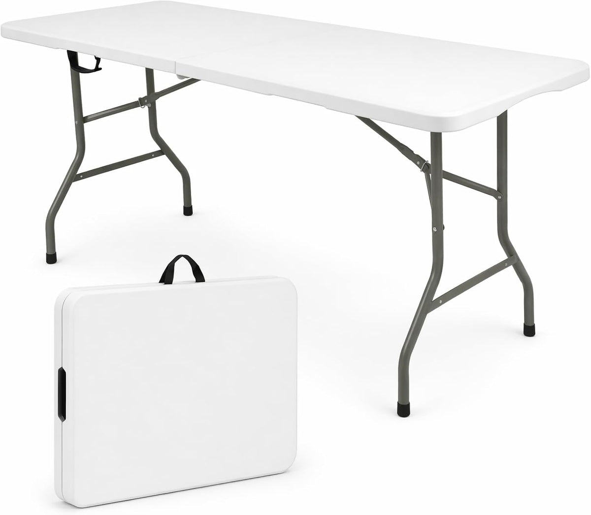 HAISIWLKJ Folding Table 6 FT Lightweight Camping Table White Portable Plastic Rectangular Outdoor Dining Table Steel Legs Fold-in-Half with Carrying Handle for Indoor,Picnic,Party,Wedding,Events