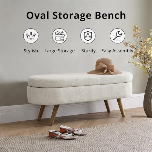 43.5" Ottoman with Storage, Storage Ottoman Bench with Safety Hinge, Linen End of Bed Bench, Upholstered Entryway Bench for Bedroom, Living Room & Window, Holds up to 330 lb, Beige