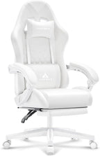 White Gaming Chair,Ergonomic Massage Office Desk Chair with Footrest | Pocket Spring Cushion,Reclining,Thick High Back,Headrest and Lumbar Support,Adjustable Leather Computer Chair Gamer Chair