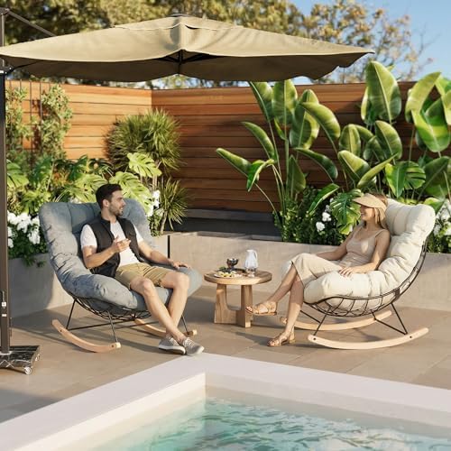 FLEXISPOT Oversized Outdoor Rocking Chair with Thick Cushion, Beige | Thick Cushioned Seat, Bonus Pillow, Modern Patio Papasan Rocker, Metal Frame Wood Base, For Porch Balcony Living Room