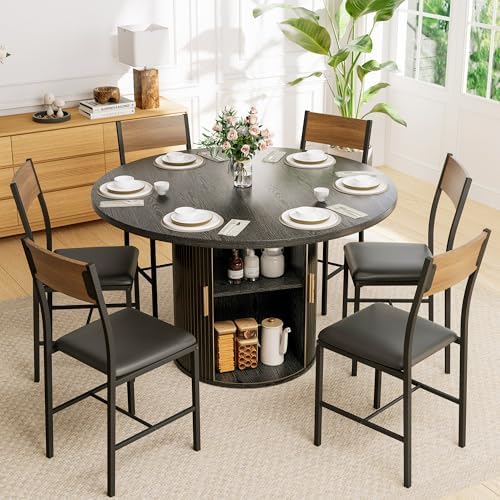 Pamapic Dining Table Set for 6, 47" Round Dining Table with Chairs, Storage Shelf, Space-Saving Tambour Design, Gold Handles, Wood Grain, Kitchen Table and Chairs for Dining Room & Living Room, Black
