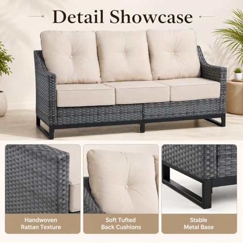 Outdoor Wicker 3-Seat Sofa, All-Weather PE Rattan Patio Couch with Cushions & Metal Frame for Backyard, Porch, Garden, Deck, Beige