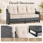 Outdoor Wicker 3-Seat Sofa, All-Weather PE Rattan Patio Couch with Cushions & Metal Frame for Backyard, Porch, Garden, Deck, Beige