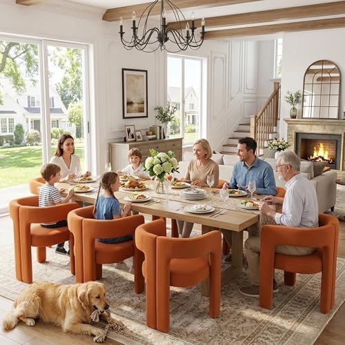 VESCASA Modern Barrel Dining Chairs Set of 4 with Open Back, Orange Velvet | Comfortable Upholstered Dining Room Chairs, Sturdy Solid Wood Legs, Accent Kitchen Armchairs for Living Room, Home, Apartment