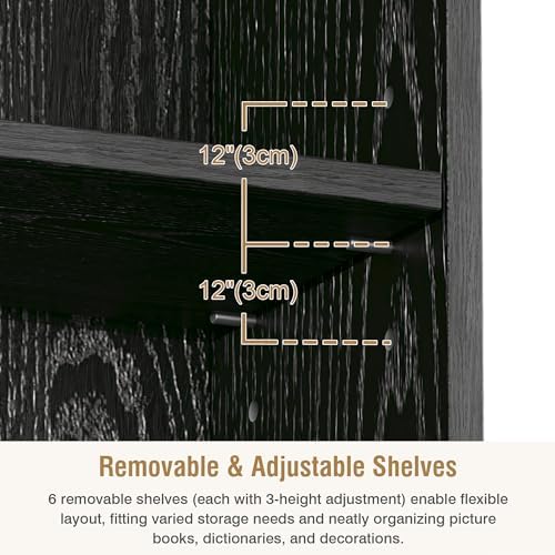 VECELO Curved Top Narrow Tall Bookshelf, 6 Adjustable Movable Shelves, Wood Space Saving Corner Storage Organizer, Sleek Black