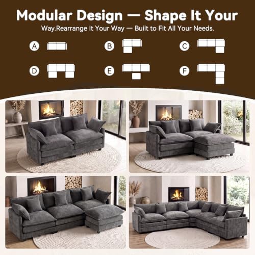 111.4" V-Shaped 5-Seat Sectional Cloud Couch, Chenille Soft Set, Grey | Customizable layout, suitable for living room, bedroom & apartment, comfortable deep seat