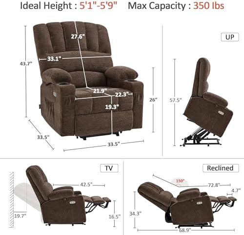 MCombo Power Lift Recliner Chair for Elderly 7095 (Medium, Coffee) | Stand Assistance, Heat and Massage, 4.7" Extra Footrest, USB Charge Ports, Cup Holders, Side Pockets, Fabric, Easy Assembly