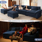 CDCASA 154" Modular Sectional Sofa, Comfy Cloud Couch with 4 Movable Ottomans, Oversized 8-Seater Chenille Deep Seat Sofa Bed for Living Room,Bedroom, Blue
