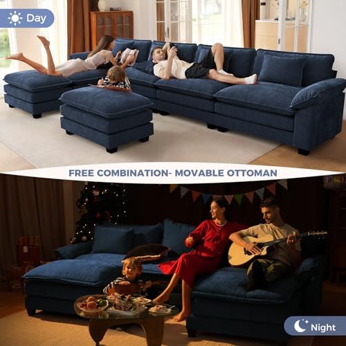 CDCASA 154" Modular Sectional Sofa, Comfy Cloud Couch with 4 Movable Ottomans, Oversized 8-Seater Chenille Deep Seat Sofa Bed for Living Room,Bedroom, Blue
