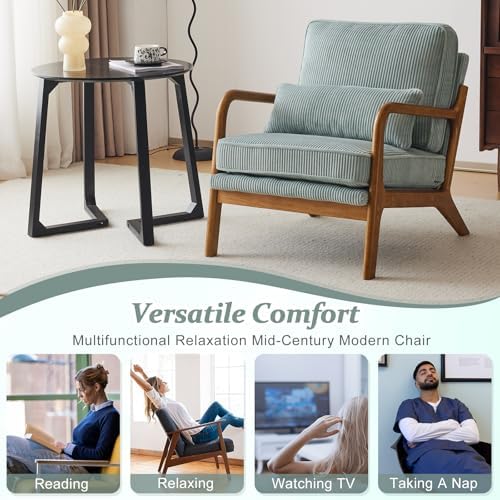 VINGLI Upgraded Premium Corduroy Accent Chair,Upholstered Arm Chair,Solid Wood Comfy Reading Chair with Pillow, Mid Century Modern Chairs for Living Room,Bedroom,Guest Room,Light Teal