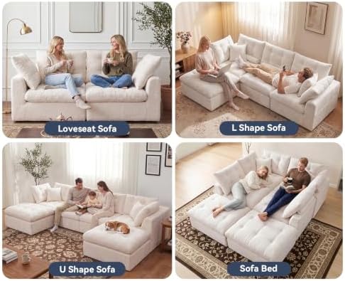 110" Oversized Cloud Sectional Couch, Modular Chenille L-Shaped Compressed Sofa with Ottoman & 3-in-1 Multi-Purpose Pillow, 3 Seater Memory Foam Couches for Living Room, Beige
