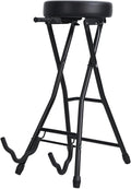 Guitar Stool, Foldable Padded Seat with Built-in Stand & Footrest, Retractable Hook Non-Slip Feet for Acoustic Electric Bass Home Studio Practice (Black-B)