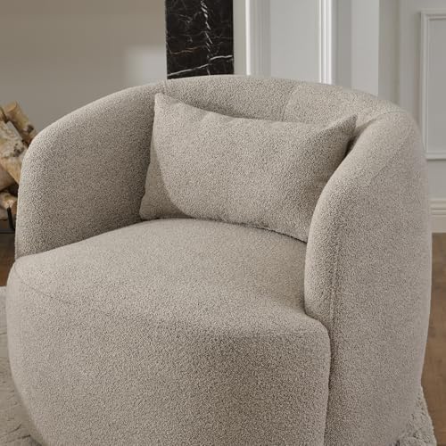 KINWELL 34" W Boucle Swivel Barrel Chairs with Pillow Set of 2, Taupe | No Assembly Round Sherpa Upholstered Armchairs Accent Chairs Single Sofa Chairs with Toss Pillow for Living Room and Bedroom