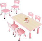FUNLIO Kids Table and 4 Chairs Set and Adjustable Kids Chair (2pcs)，Easy to Wipe Arts & Crafts Table, for Classrooms/Daycares/Homes, CPC & CE Approved (5-Piece Set) - Pink