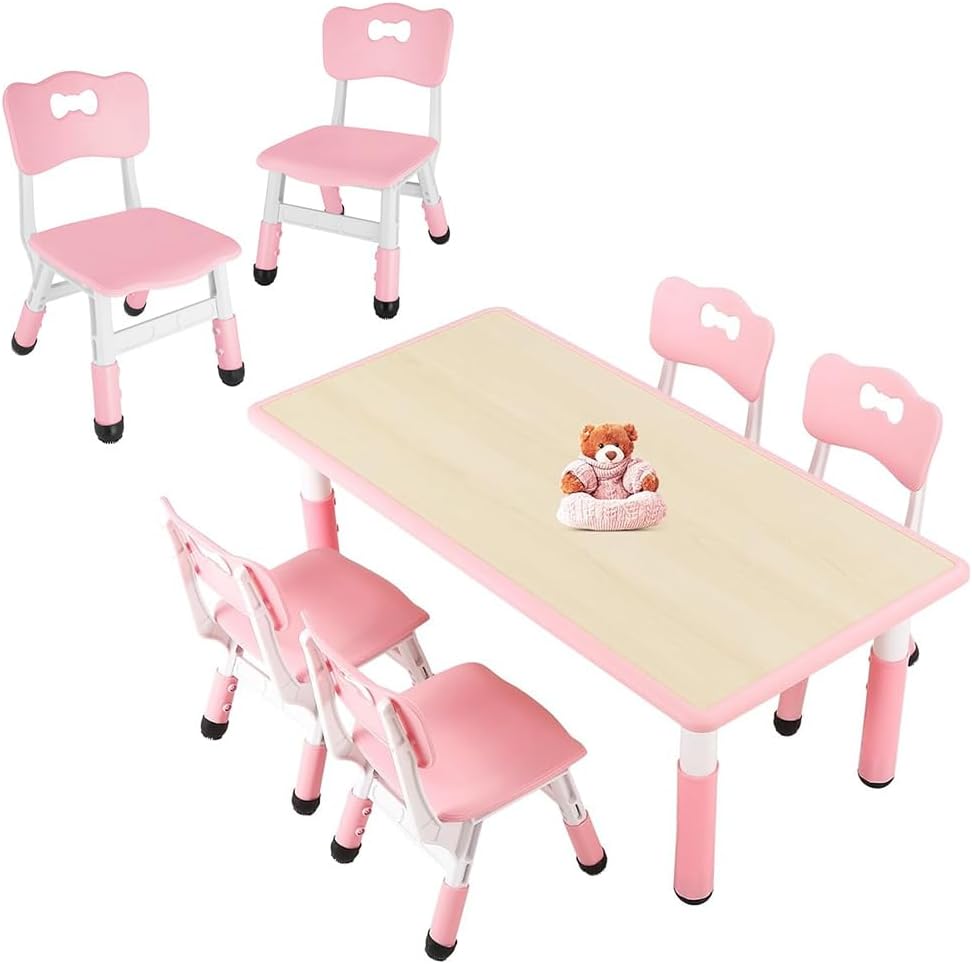 FUNLIO Kids Table and 4 Chairs Set and Adjustable Kids Chair (2pcs)，Easy to Wipe Arts & Crafts Table, for Classrooms/Daycares/Homes, CPC & CE Approved (5-Piece Set) - Pink